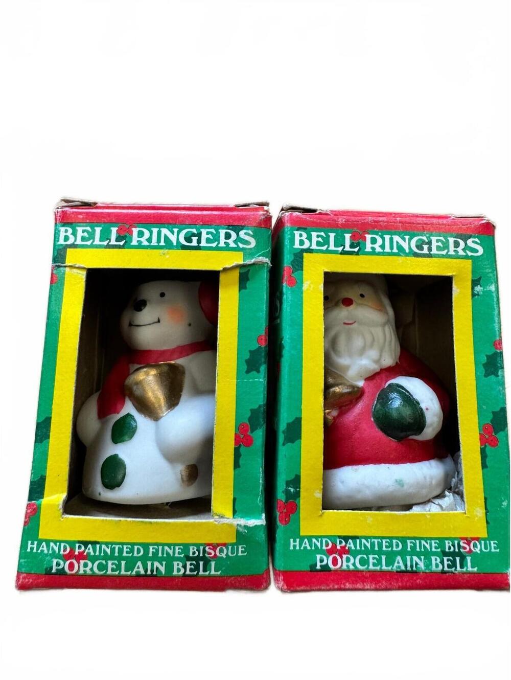 Vintage 1985 Giftco Bell Ringers Santa Snowman Porcelain Bells Set